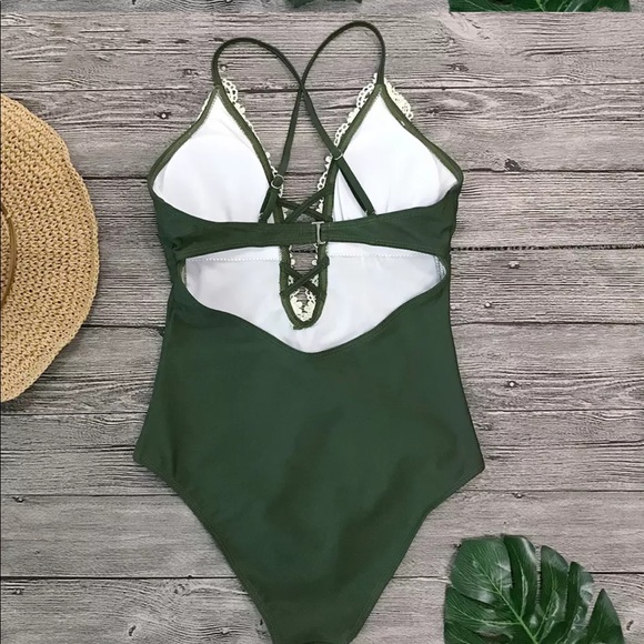 RESTOCKING! Olive One Piece Swimsuit V Neck W/Lace - Picture 4 of 8